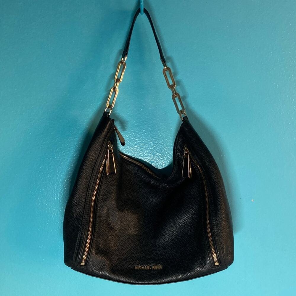 Michael Kors Matilda Black Pebbled Leather Handbag with Gold Accents 12 X 14”